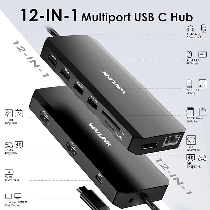 WAVLINK USB C Docking Station Dual Monitor USB Hub Laptop Triple Display USB C to 2 HDMIDisplayPort PD Charging Ethernet 5 USB SD/TF Read Audio for MacBook Dell HP Lenovo Surface Black