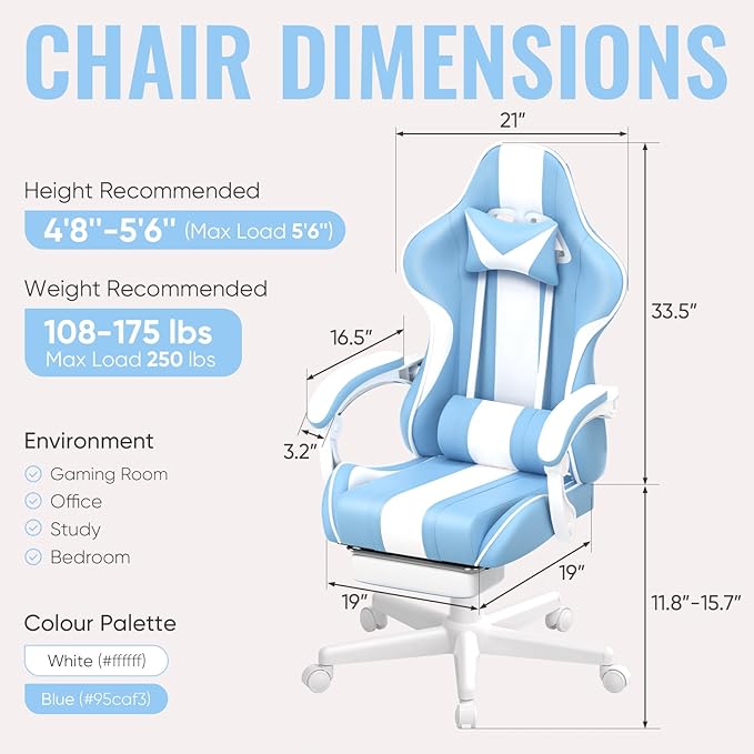 Ferghana Gaming Chairs Ergonomic Racing Style PC Game Computer Chair with Headrest Lumbar Support Adjustable Recliner PU Leather Video Computer Chair(Light Blue)