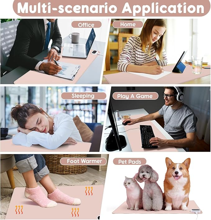 Konohan Heated Desk Pad Warm Mouse Pad 5 Heating Level &amp 4 Hour Auto Shut-Off PU Leather Warm Mouse Mat Heating Keyboard Gaming Mice Warmer Mat Only Supports 110v(Khaki Color23.6x 14.2)