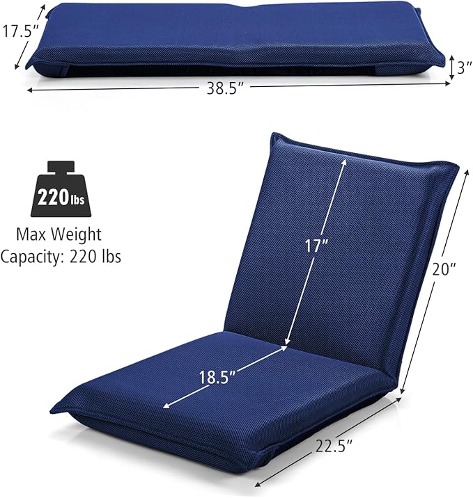 MAT EXPERT Adjustable Floor Chair 6-Position Mesh Floor Gaming Chair Folding Lazy Sofa Padded Lounger Recliner Cushioned Floor Chair with Back Support for Reading Meditating (Navy Blue)