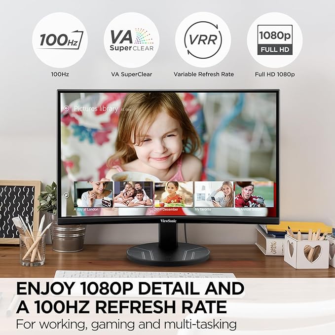 ViewSonic VA2416C 24 Inch Full HD 1080p Frameless Curved Monitor with Variable Refresh Rate Eye Care HDMI and DisplayPort Inputs for Home and Office