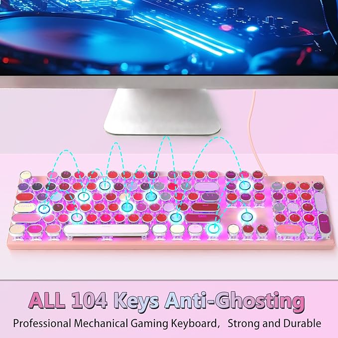 HUO JI Mechanical Gaming Keyboard Typewriter Style with RGB Side Lit and Purple LED Backlit Retro Style Blue Switches - Clicky Metal Panel Lipstick 104 Keys USB Wired for Mac PC Cute Pink
