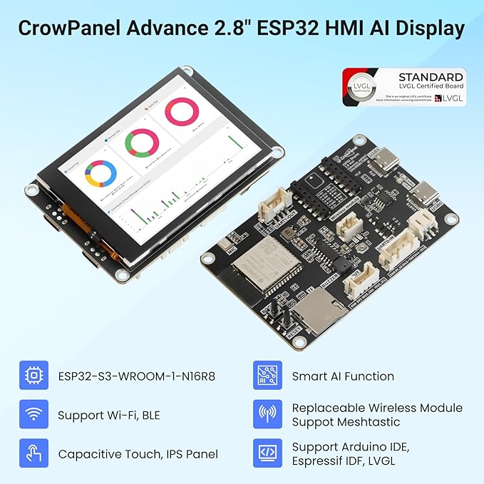 ELECROW ESP32 Display 320×240 2.8 HMI Advanced ESP32-S3 IPS Touch Display Support AI Speech Interaction 32-Bit LX7 Dual-Core Processor Up to 240MHz Compatible with Arduino ESP-IDF and LVGL