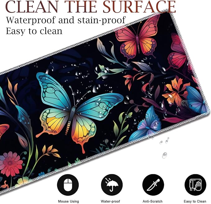 Large Gaming Table Pad 31.5 x 11.8 + Keyboard Wrist Pad + Mouse Wrist Pad + Coaster Non-Slip Base 4-in-1 Set Ergonomic Memory Foam Easy Typing Pain Relief Colorful Butterfly Moon Pattern Black