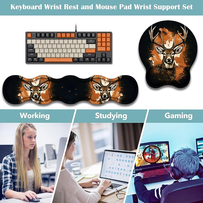 Mouse Wrist Rest and Keyboard Wrist Rest Pad+ Coaster Set Non-Slip Rubber Base Smooth Surface Ergonomic Gaming Mouse Pad for Easy Typing and Pain Relief Camo Tree Deer