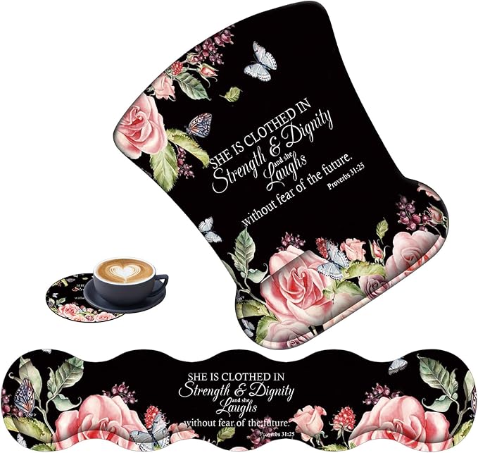 3 in 1 Keyboard Wrist Rest + Mouse Pad and Coaster Ergonomic Gel Mouse Pad and Keyboard Pad Set Comfortable Lightweight for Easy Typing Pain Relie Bible Verses Proverbs 31:25