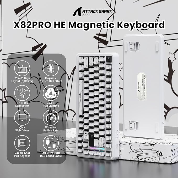 ATTACK SHARK X82 PRO HE Magnetic Gaming Keyboard8KHz Polling RateAdjustable Actuation Rapid TriggerTri-Mode Wireless PC Keyboard with 5000mAh BatteryCloud/Software Drive for Win/MacComic