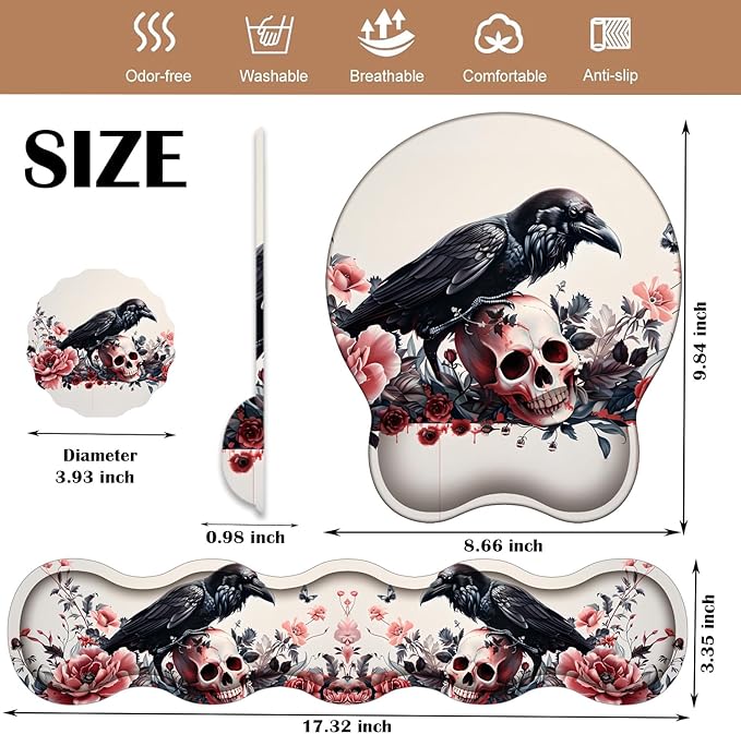Keyboard Wrist Rest and Mouse Pad Wrist Support with Lace-Shaped Coaster Set Ergonomic Gel Memory Foam and Anti-Slip Base Easy Typing and Pain Relief - Rose Skeleton