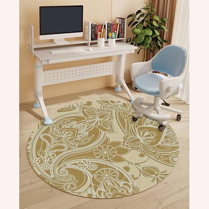 Caramel Yellow PU Leather Chair Mat for Hardwood &amp Tile Floor Antique Mild Ombre Shade Gothic Victorian Desk Chair Mat Large Anti-Slip Floor Protector for Home Office Damask Diameter 35.4 in