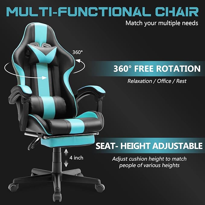 Ferghana Gaming Chairs Ergonomic Racing Style PC Game Computer Chair with Headrest Lumbar Support Adjustable Recliner PU Leather Video Computer Chair(Lake Blue)