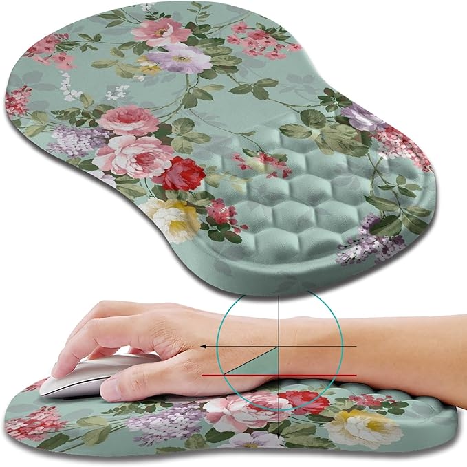 Hokafenle Ergonomic Mouse Pad Wrist Support Wrist Rest Mousepad for Carpal Tunnel Pain Relief with Integrated Memory Foam Slope Massage Bulge (11.8x7.9 inchGraceful Peony