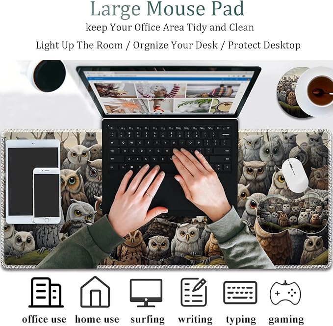 4 in 1 Mouse Pad Combo Large Gaming Mouse Pad + Keyboard Wrist Support + Mouse Wrist Rest + Coaster Table Pad 31.5 x 11.8 with Memory Foam Ergonomic Wrist Pad Set Many Owl