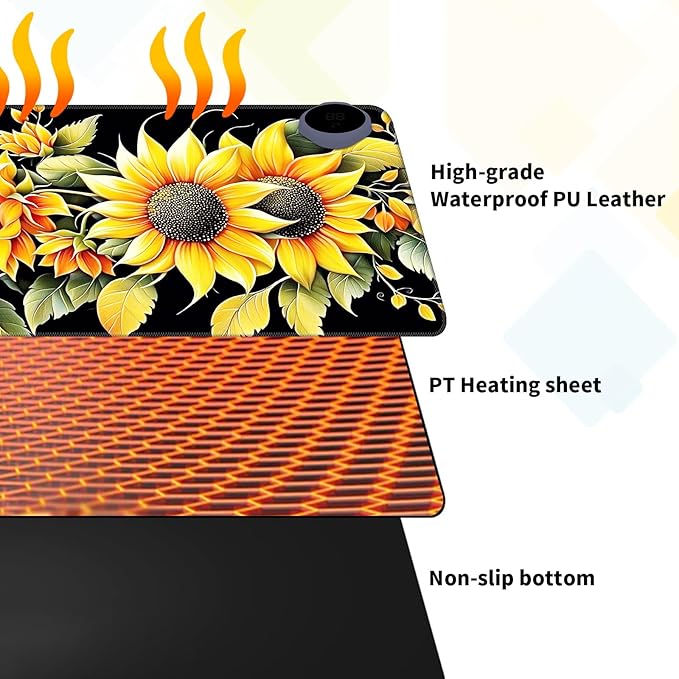 Warm Desk Pad Warm Mouse Pad Gaming Office Desk Matwith 3 Levels Heated &amp 3 Hours Auto Shut - 31.5 x 13 inch PU Leather Laptop Keyboard Mat for Home Office Hand WarmerBeautiful Sunflower -91
