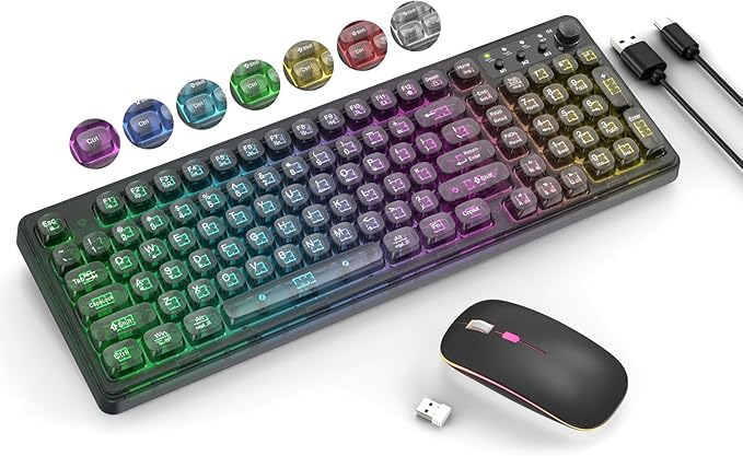 Black Light Up Keyboard and Mouse WirelessCute 2.4Ghz Cordless Rechargeable Transparent Backlit Keyboard15 Backlight EffectsVolume KnobRGB Mouse with 3 DPI for Mac Computer PC Laptop Desktop iPad