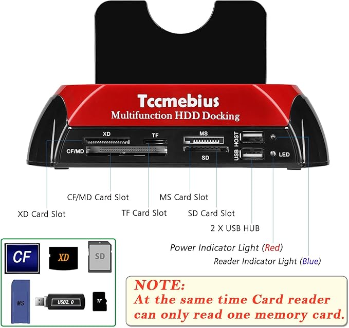 Hard Drive Docking Station TCC-S862-US USB 2.0 to 2.5 3.5 Inch SATA IDE Dual Slots External Enclosure with All in 1 Card Reader and USB 2.0 Hub for 2.5 3.5 IDE SATA I/II/III HDD SSD