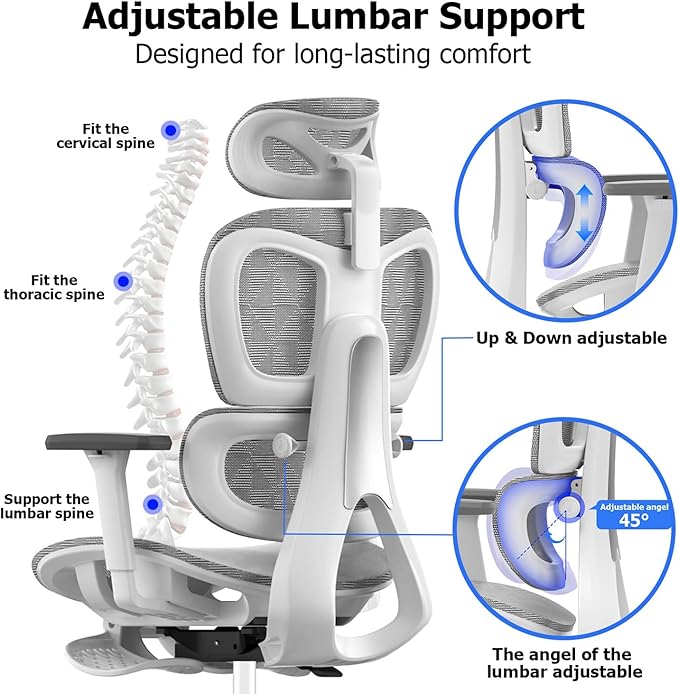 PatioMage Ergonomic Office Chair Big and Tall Desk Chair with Adjustable Lumbar Support &amp Seat Depth High Back Computer Chair Swivel Mesh Chairs with Wheels for Home Office White
