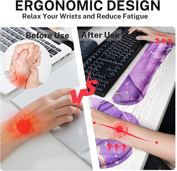 Arttown Purple Gold Marble Desk Mat Abstract Marble Mouse Pad Set 4 in 1 Ergonomic Design Large Mousepad + Keyboard Wrist Rest + Mouse Wrist Rest + Coaster Suitable for Home Office Study Game