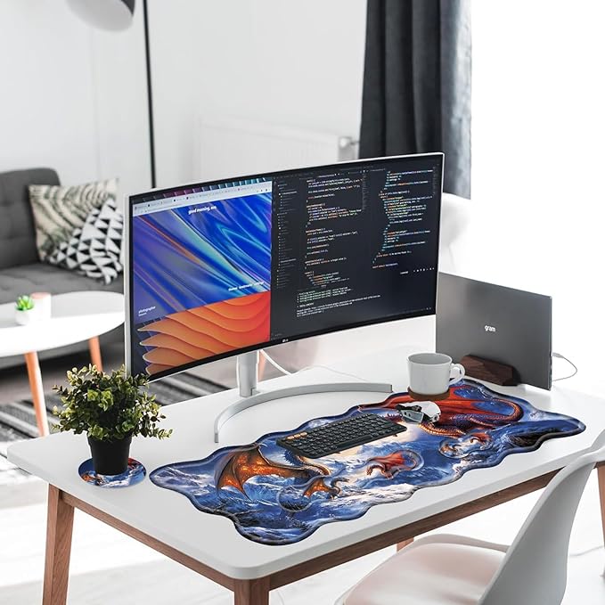 Large Gaming Mouse Pad Keyboard Wrist Rest Pad &amp Wrist Support Mousepad Set Stitched Edge Extended Non-Slip Base Memory Foam Desk Mat for Office HomeCool Dragon