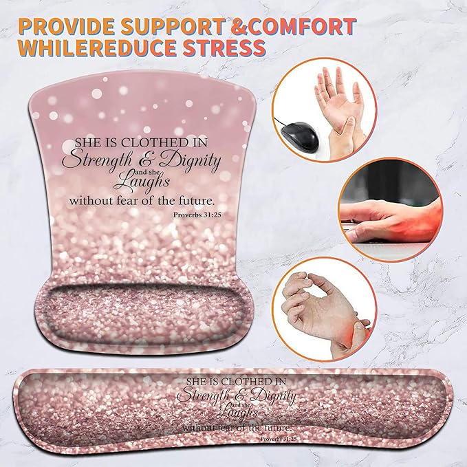 Keyboard Wrist Rest Pad and Ergonomic Mouse Pad Wrist Support Set Proverbs 31:25 Bible Verse Pink Design for Gaming Office Comfortable and Pain Relief with Coaster Set