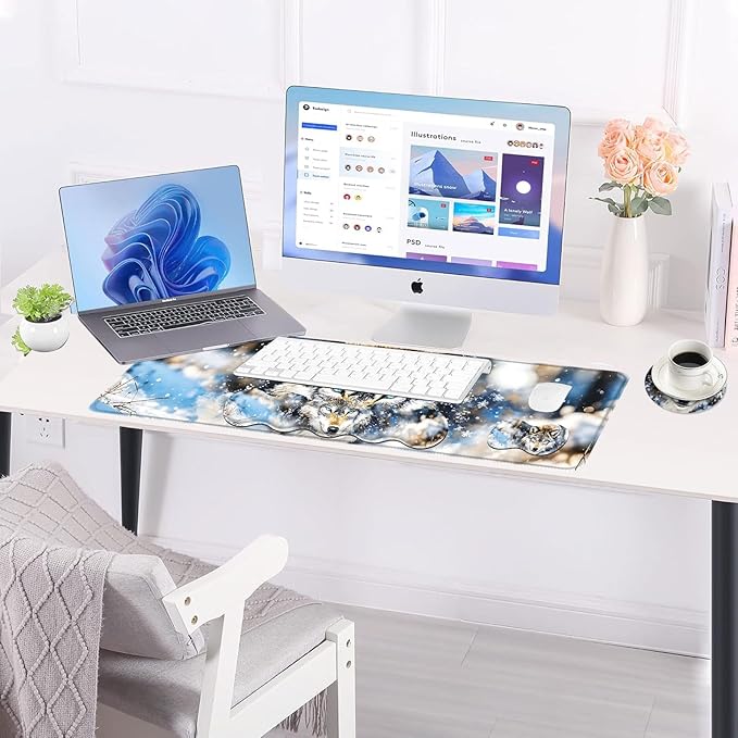 Large Keyboard Mouse Pad Set Extended Mouse Pad+Keyboard Wrist Rest Support Memory Foam Ergonomic Easy Typing 4Pcs (31.5×11.8 in) Desk Pad Set for Office HomeSnowy Wolf