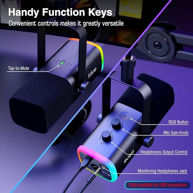 FIFINE XLR/USB Microphone and Heavy Duty Boom Arm Kit PC Computer Gaming Streaming Mic with RGB Light Mute Button Headphones Jack Microphone Arm Stand Bundle for Podcast Recording (AM8+BM63)