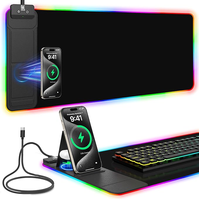 Mouse Pad with Foldable Phone Holder &amp Wireless Charger XL RGB Gaming Mousepad 31.5x11.8 Large Desk Mat for Keyboard Home Desk Pad with Dual Qi Charging Station | 11 Colors &amp 5 Modes | Wat