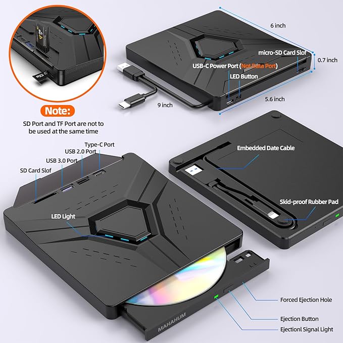 External CD/DVD Drive for Laptop Mac USB 3.0 &amp Type-C 8-in-1 Portable DVD Player/Burner Plug &amp Play with Carrying Case Compatible with Desktop PC Windows 11/10/8 Linux Mac OS MacBook Pro/Air