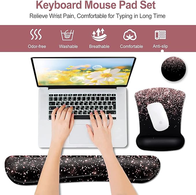 Rose Gold Glitter Mouse Pad with Wrist Support - Ergonomic Gel &amp Soft Memory Foam Keyboard Rest Suitable for Office Typing &amp Gaming Dirt-Resistant
