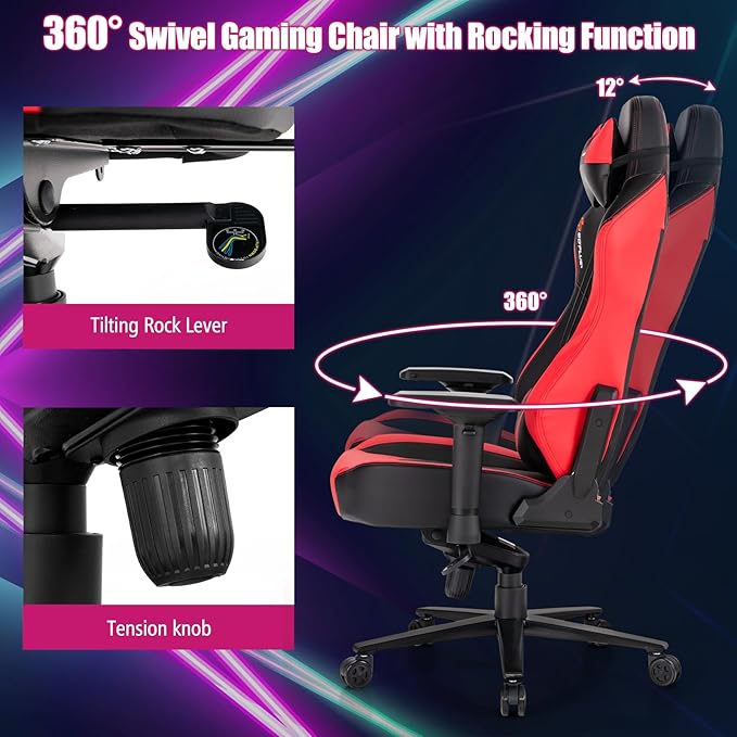 Goplus Gaming Chair 360° Swivel Computer Chair with Casters Multi-Angle Reclining Tension Control 4D Armrest Headrest Gas Lift Height Adjustable Game Chair for Office Bedroom Red