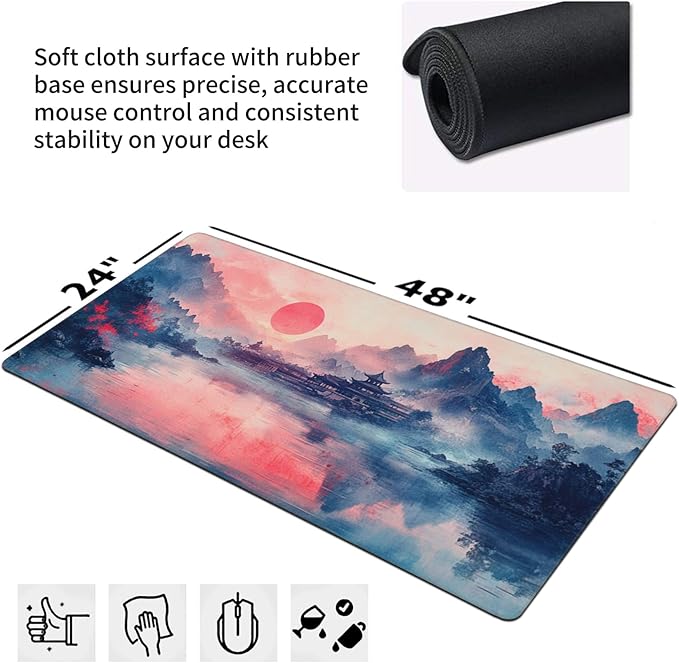 Landscape Ink Painting Gaming Mouse Pad Extra Large Gaming Mouse Pads Waterproof Non Slip Big Computer Mousepad Mice Pads Desk Pad Stitched Edges for Women Office Home (48x24 Pink)