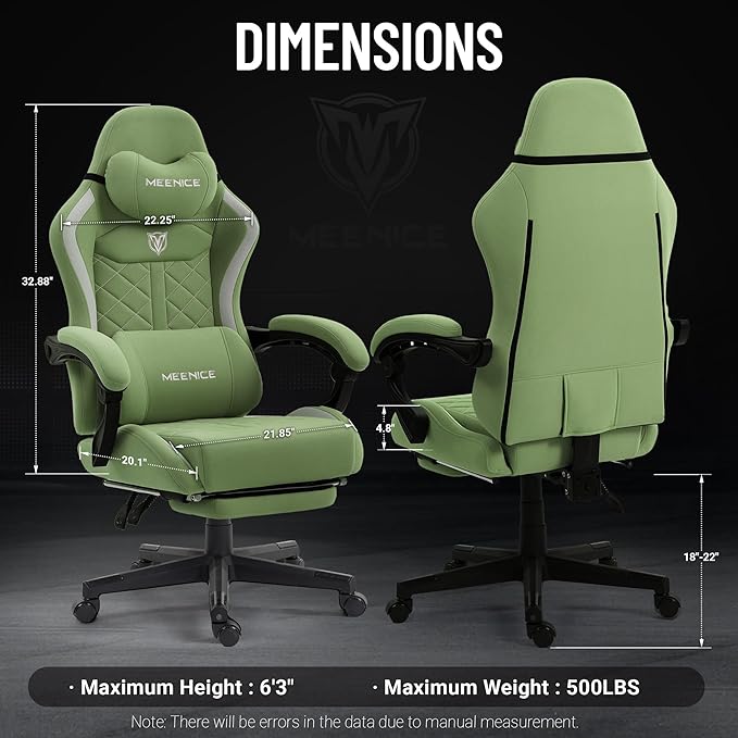 Big and Tall Gaming Chair Fabric with Pocket Spring Cushion High Back Heavy Duty Gaming Chairs for Adults with Massage Lumbar Ergonomic Computer Chair with Footrest 400LBS Fabric Green