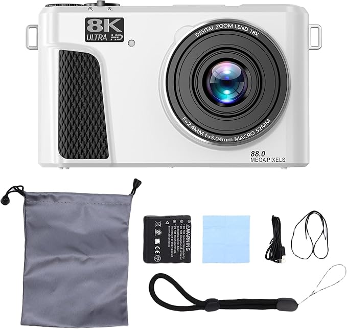 Zopsc 8K Digital Camera 88MP with WiFi 18X Zoom and 3in Flip Screen Autofocus Vlogging Camera with LED Fill Light Live Streaming Webcam for Travel (White)