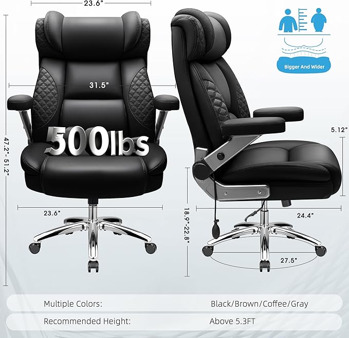 Big and Tall Office Chair Desk Computer Chair for Heavy People Oversized Executive Gaming Chair Extra Wide 500LBS Ergonomic Comfy Office Chair with Adjustable Lumbar Support &amp 5D Flip Arms