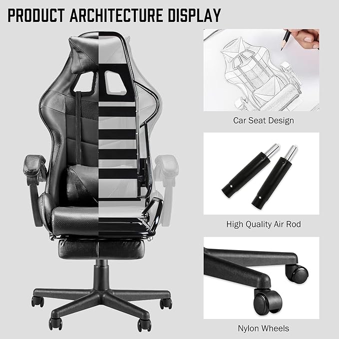 Huracan Gaming Computer Chair with Footrest Adjustable Video Game Chairs for Adults Heavy Duty Office Chair with Headrest and Lumbar Support Black