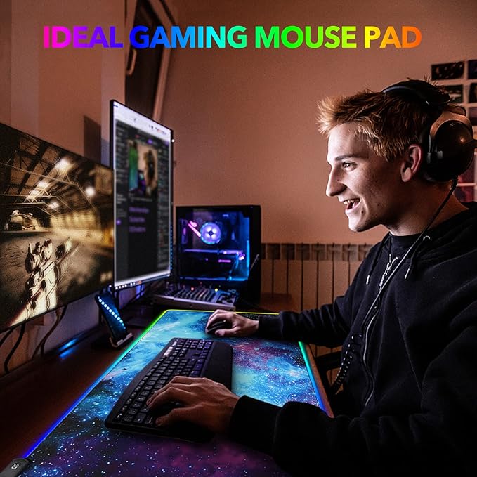 AIMSA RGB Gaming Mouse Pad Extended Large Led Mousepads Non-Slip Rubber Base with 14 Lighting Modes Computer Keyboard Mat Soft Desk pad Waterproof 35.4 x 15.8 inches Galaxy Nebula Universe