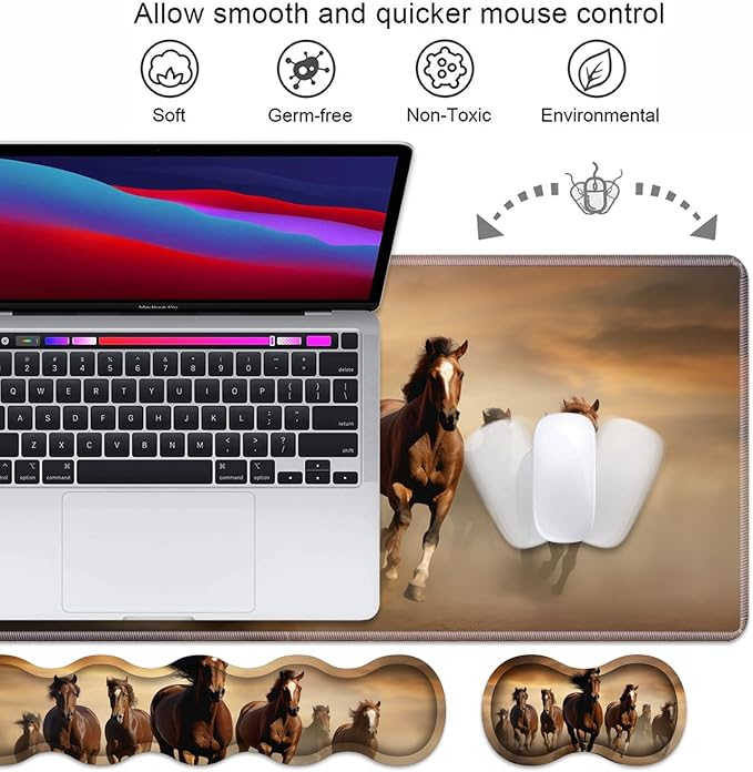 Ergonomic Keyboard Wrist Rest and Mouse Pad Wrist Rest Set Large XXL Gaming Mousepad 31.5x 11.8 Memory Foam Easy Typing Pain Relief Multifunctional Desk Mat for Office &amp Home Galloping Hors