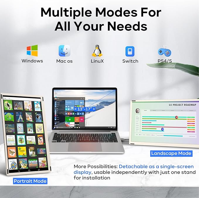 Laptop Screen Extender 15.6'' 1080P FHD Laptop Monitor Extender with 235°Rotation Detachable Dual Monitor Plug &amp Play Triple Screen for 13-17.3 Laptops Compatible with Mac/Wins/Android/Dex