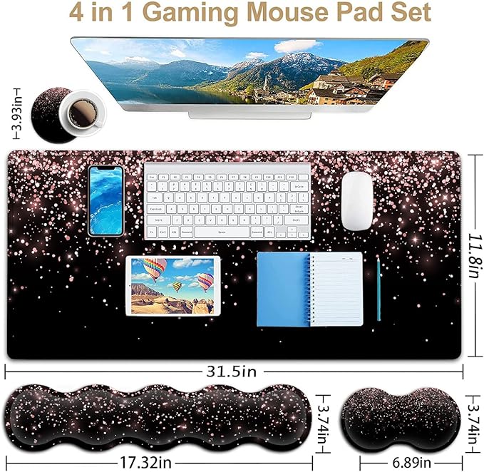 Large Gaming Mouse Pad Memory Foam Keyboard Wrist Rest Extended Office Desk Mat Office Desk Pad with Stitched Edges Laptop Desk Table Protector Rose Gold Glitter Black Writing Mat