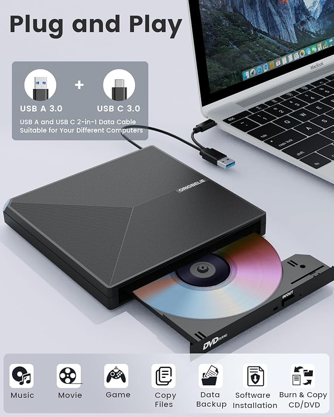External CD DVD Drive Portable Type C &amp A USB 3.0 DVD +/-RW Player Burner Reader Writer Optical CD ROM Disc Drive for MacBook Laptop Desktop PC Mac OS Windows Linux with Carrying Case