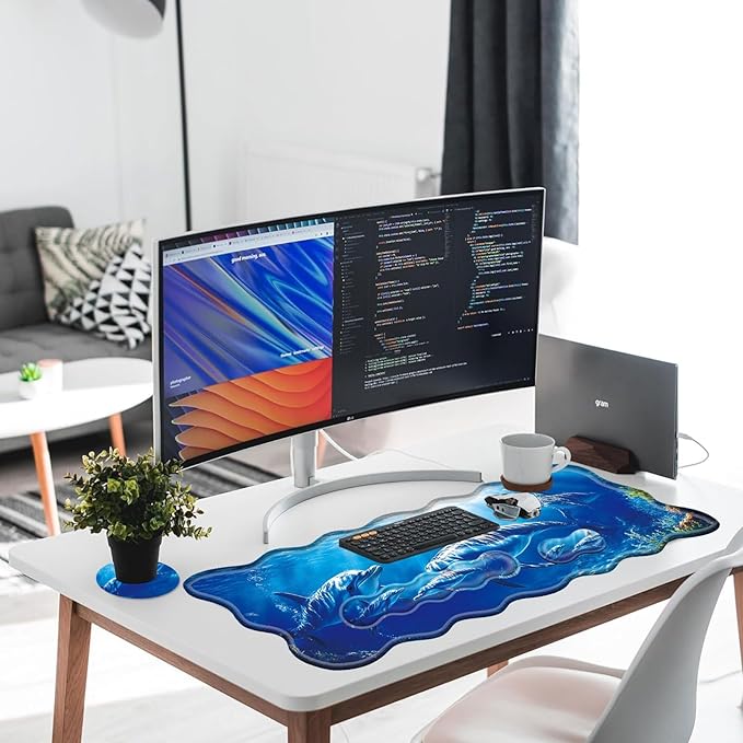 Large Gaming Mouse Pad Keyboard Wrist Rest Pad &amp Wrist Support Mousepad Set Stitched Edge Extended Non-Slip Base Memory Foam Desk Mat for Office HomeDolphins Swimming in The Ocean