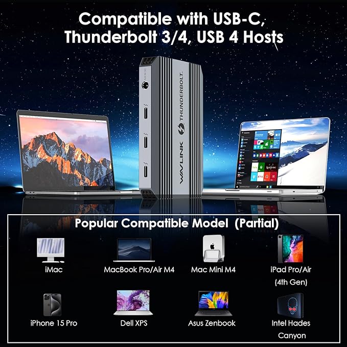 Thunderbolt4 Hub Dual Monitor WAVLINK Thunderbolt4 Hub with 3* Thunderbolt 4 Port 100w PD in USB-A 10Gb for MacBook Pro/Air M1 M2 M3 Thunderbolt 4/3 Laptop