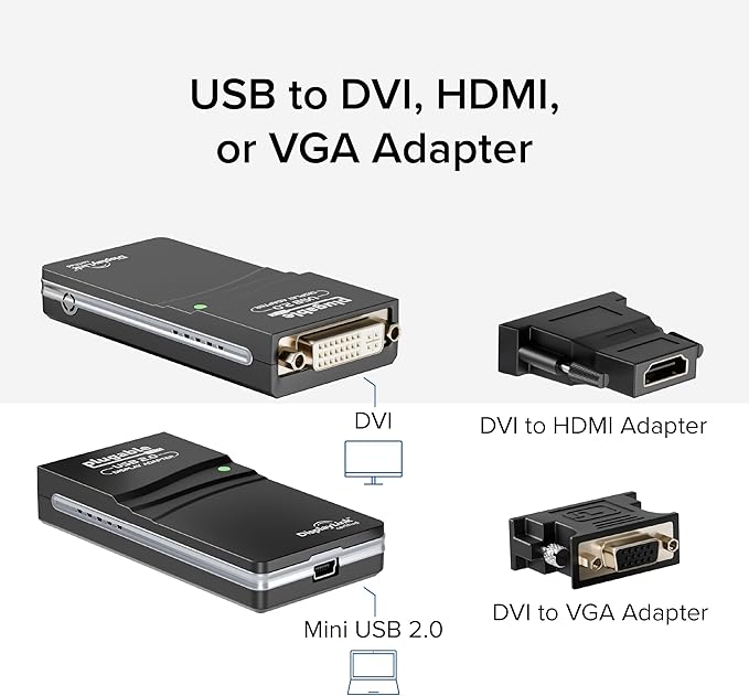 Plugable USB 2.0 to HDMI DVI or VGA I Multi-Monitor External Video Graphics Card Adapter up to 1920x1080 Supports Windows 11 10 8.1 7 XP Mac and ChromeOS