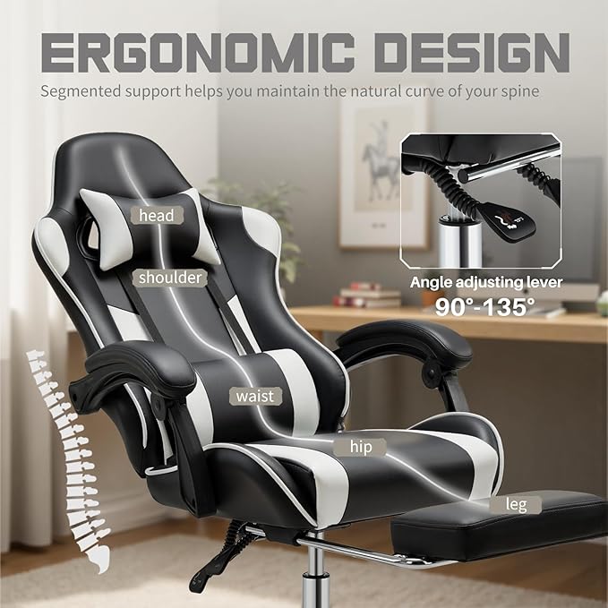 DUMOS Ergonomic Gaming Office Desk Chair with Footrest Height Adjustable 360° Swivel Computer Video Game Chair with Headrest and Lumbar Support Black White
