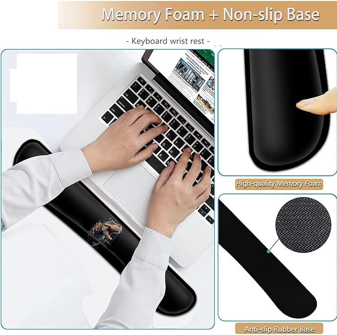 Keyboard Wrist Rest and Mouse Pad Wrist Support Set Ergonomic Gel Mouse Pad Wrist Rest with Non-Slip Base for Home Office Desk Pad Easy Typing Cool Painted Dinosaur Black Gaming Mouse Mat
