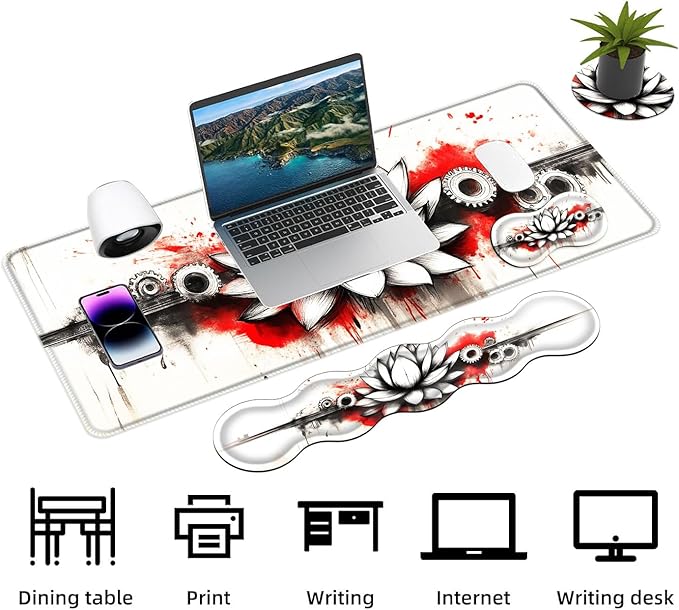 Keyboard Mouse Pad Set Extended Gaming Mouse Pad+Ergonomics Keyboard Wrist Rest Support Memory Foam Easy Typing Pain Relief 4Pcs XL Ultra Thick Desk MatLotus and Gears
