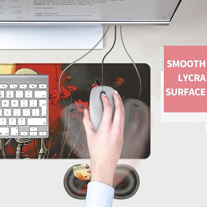 Mouse PadLarge Desk Mat Set 4in1 XL Mousepad + Keyboard Wrist Rest+Mouse Wrist Rest+Coaster with Ergonomic Desk Pad for Home Office Table Computer Cover -Skeleton with Red Poppies