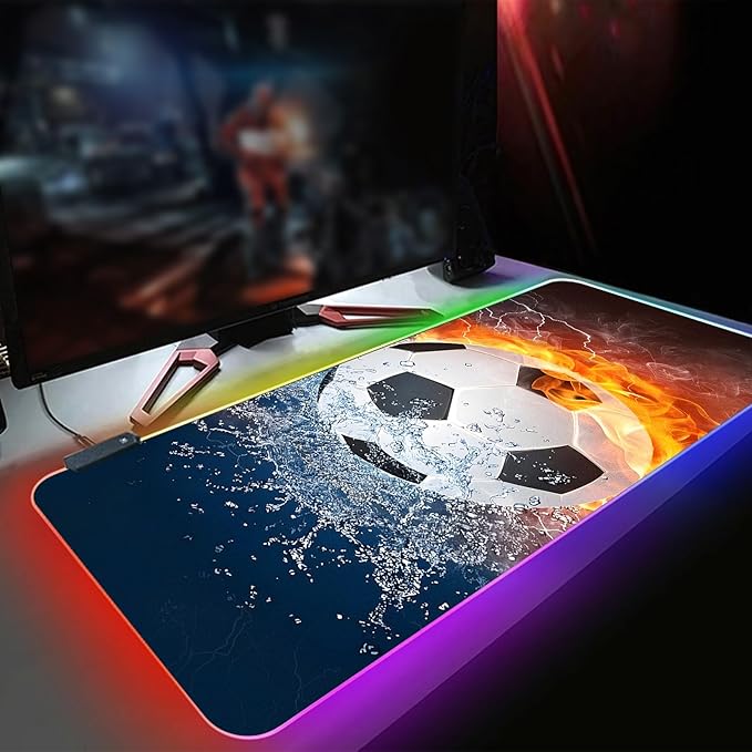 XL RGB Gaming Mouse Pad with 14 Light Modes - Light Up Gamer Mouse Pad31.5 x 11.8in Non-Slip Soccer Style Fire&ampWater Led Large Gamer MousepadBlack Long Glowing Gaming Accessories for DeskWaterp