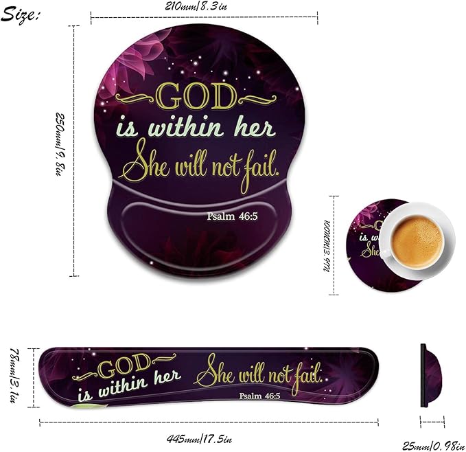 Ergonomic Gel Mouse Wrist Rest Pad and Keyboard Pad SetAnti-Slip PU Bottom Easy Typing and Relieve Wrist Pain with Cute Coaster Set (3-Quote Bible Verses Psalm 46:5)