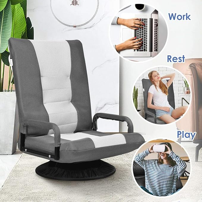 DORTALA 360 Degree Swivel Gaming Floor Chair 6-Position Adjustable Folding Floor Chair Comfortable Padded Backrest Lazy Sofa Chair Game Rocker for Teens Adults Gray