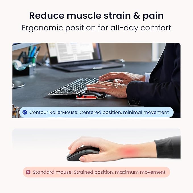 Contour RollerMouse Red Ergonomic Mouse for Shoulder Forearm Wrist Strain Relief for RSI Carpal Tunnel Centered Rollerbar 6 Customizable Buttons 10 Speed Settings Mac/PC Compatible Wireless - Regular